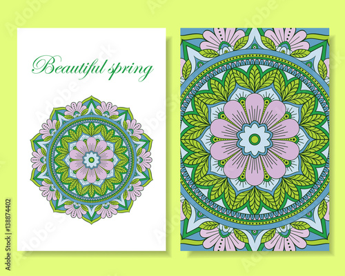 Spring card. Beautiful background with round floral ornament. Vector art