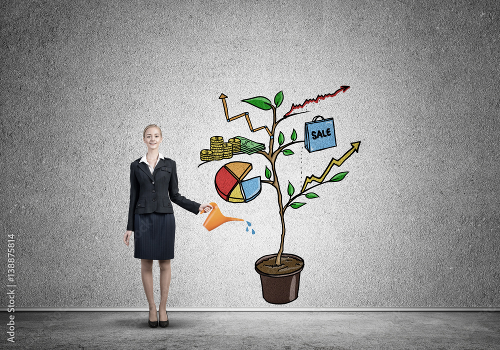 Young businesswoman in empty room watering drawn growth concept with can Young businesswoman in empty room watering drawn growth concept with can