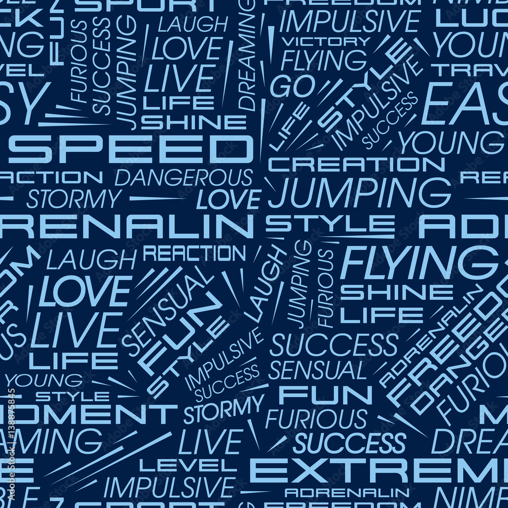 Vector seamless pattern with the words: speed, extreme, adrenaline and others.