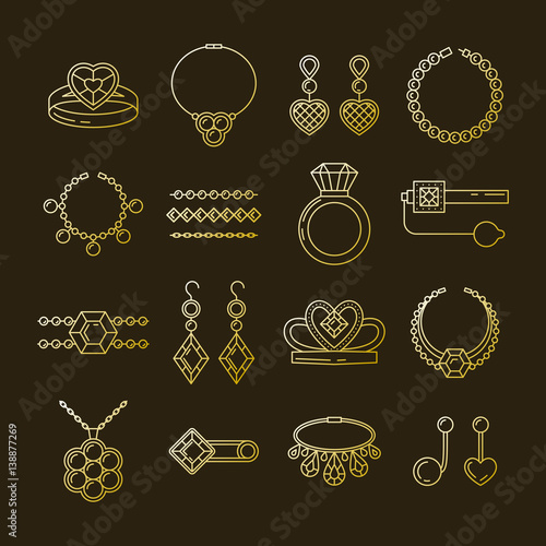 Set of vector jewelry line icons. Diamond luxury collection isolated on dark. Ring necklace earrings chain diadem silhouettes. Pearl gold gem crystal sapphire element. Treasure collection.