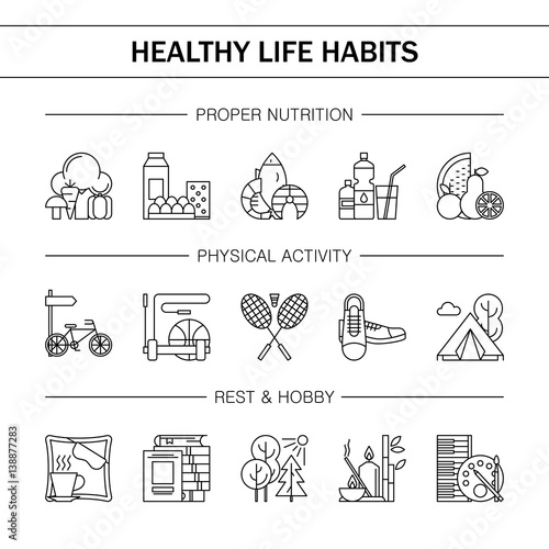 Healthy lifestyle habits black and white line vector icons. Proper nutrition fruit vegetables water seafood. Physical activity sport outdoor exercise fitness. Rest and hobby sleep reading spa.