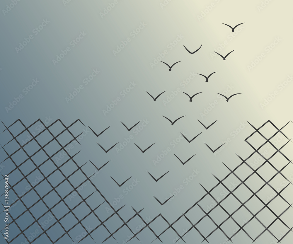 Minimalist vector illustration of a wire mesh fence transforming into birds flying away. Freedom, courage and success concept. - obrazy, fototapety, plakaty 
