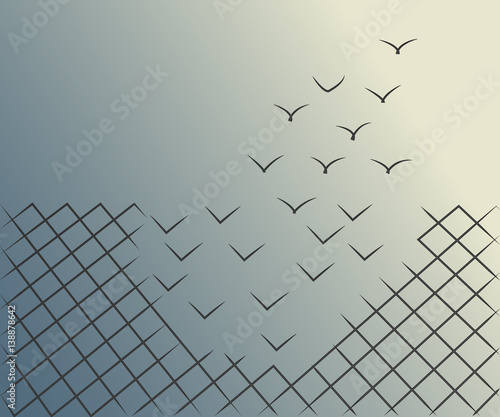 Fotografia, Obraz Minimalist vector illustration of a wire mesh fence transforming into birds flying away