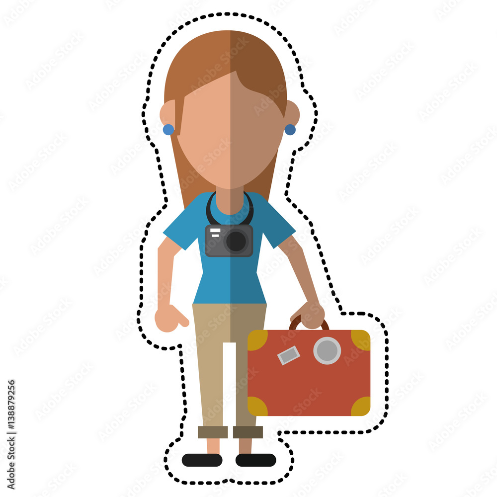 cartoon tourist girl travel map and suitcase vector illustration cartoon tourist girl travel map and suitcase vector illustration