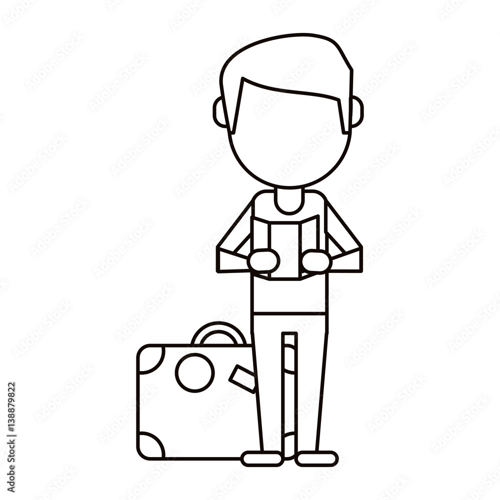 man with travel bag and map thin line vector illustration eps 10
