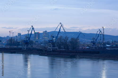 Bratislava harbor shoot during dusk from above river Danube, Slovakia