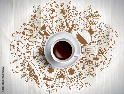 Morning coffee doodle concept on wooden background