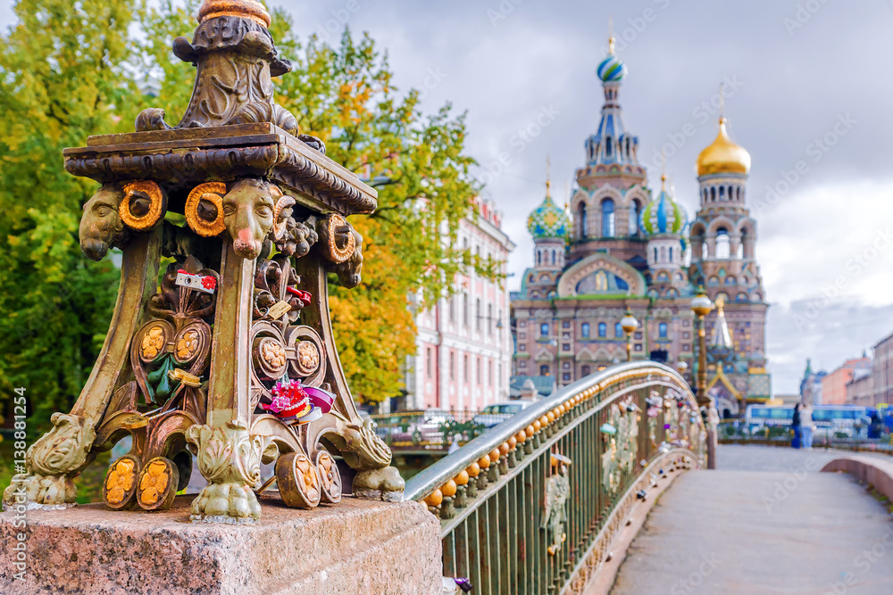 Detail of a bridge in Saint-Petersburg on a background Church of the Savior on Spilled Blood.