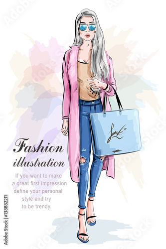 Fashion girl with shopping bag. Fashion set. Stylish woman. Vector illustration. 