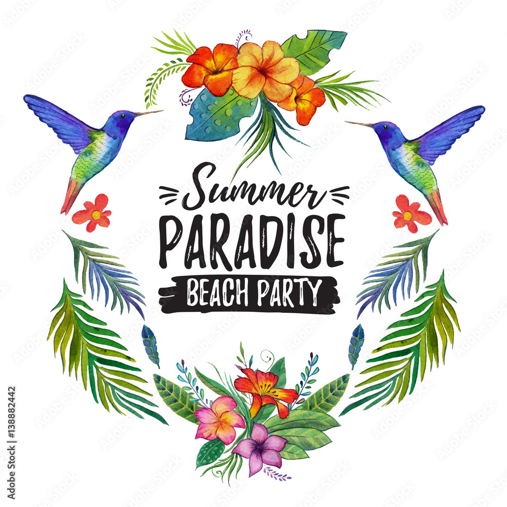 Naklejka premium Watercolor summer frame for banner, poster, sale With tropical birds, flowers Tropical island Tropical summer paradise