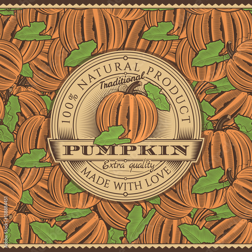 Vintage Pumpkin Label On Seamless Pattern