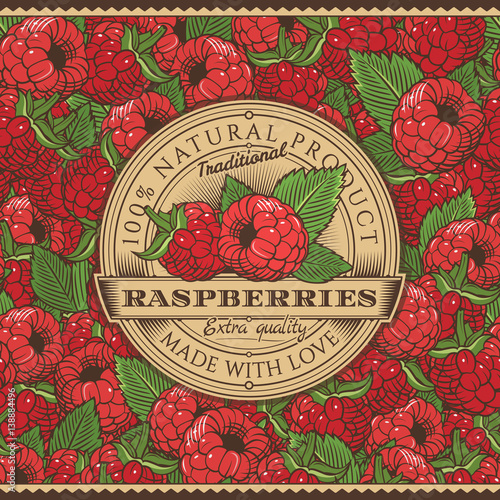 Vintage Raspberries Label On Seamless Pattern