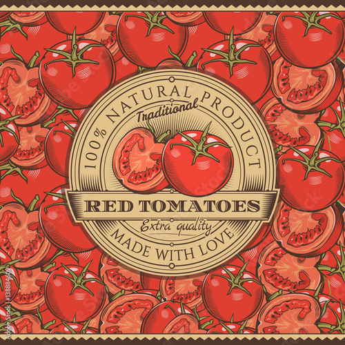 Vintage Red Tomatoes Label On Seamless Pattern