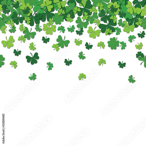 Seamless pattern with shamrock clover falling leaves isolated on white background.