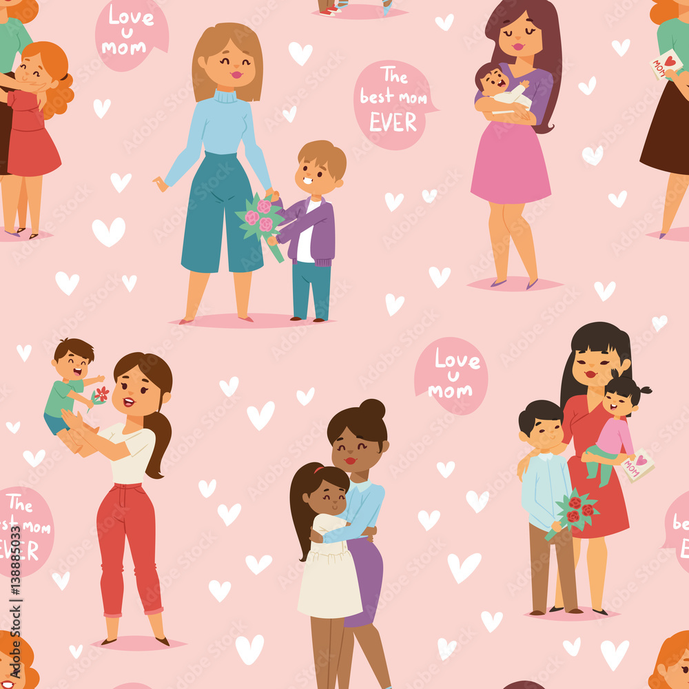 Mother and children with flower bouquet mothers and womans day vector seamless pattern Mother and children with flower bouquet mothers and womans day vector seamless pattern