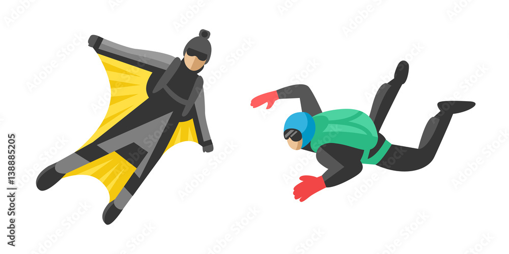 Skydiver man parachutist extreme sport freedom flat character vector illustration parachute skydiving extreme falling jump speed adrenaline flying