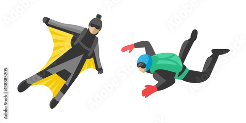 Skydiver man parachutist extreme sport freedom flat character vector illustration parachute skydiving extreme falling jump speed adrenaline flying