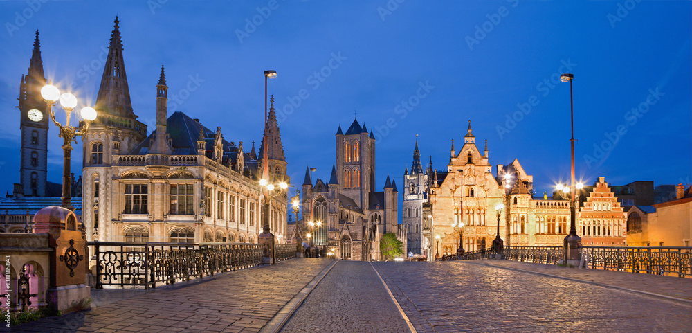GHENT, BELGIUM - JUNE 24, 2012: Look from Saint Michael s bridge to Nicholas church and town hall in evening.