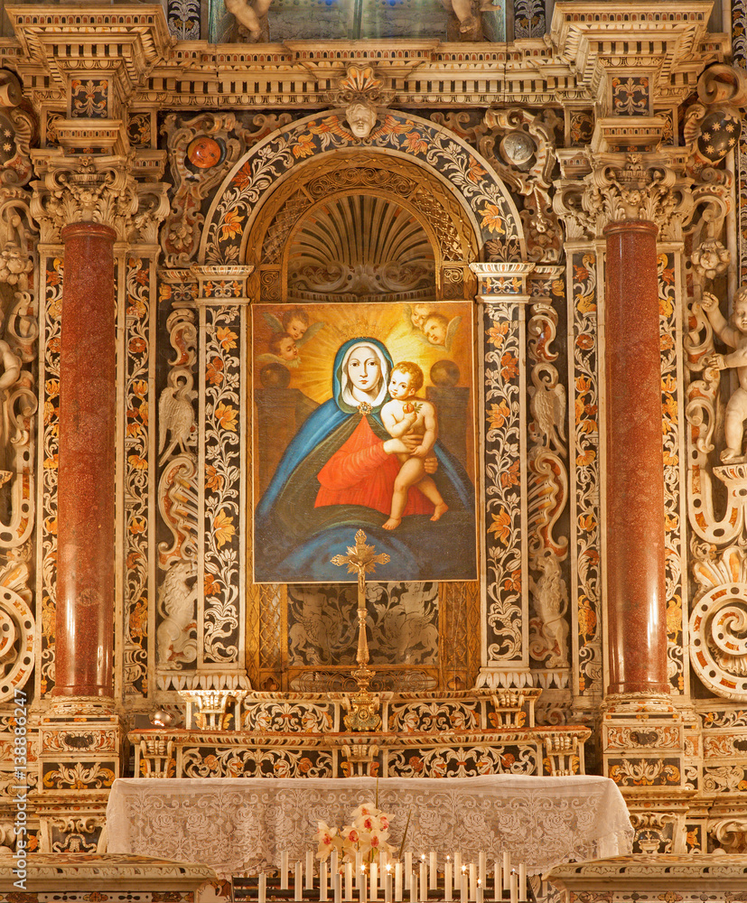 PALERMO - APRIL 9: Baroque side altar with Madonna paint from chapel on the north side of Monreale cathedral on April 9, 2013 in Palermo, Italy.