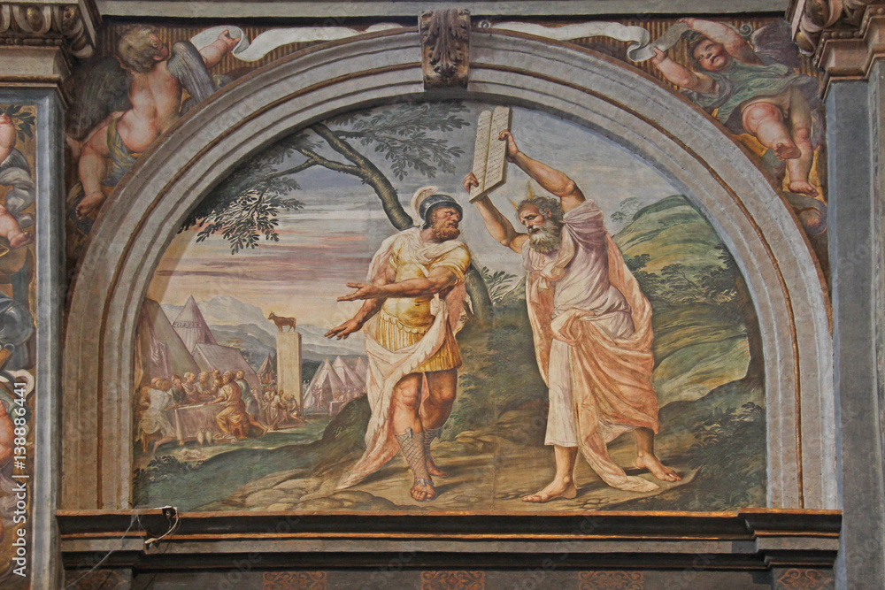 Mosè infrange le tavole della legge; affresco di Simone Peterzano