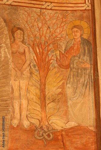 TOLEDO - MARCH 8: Creation of Eva fresco in church San Roman. Church has a steeple built in the mudejar architectural style in the 13th cent. on March 8, 2013 in Toledo, Spain.