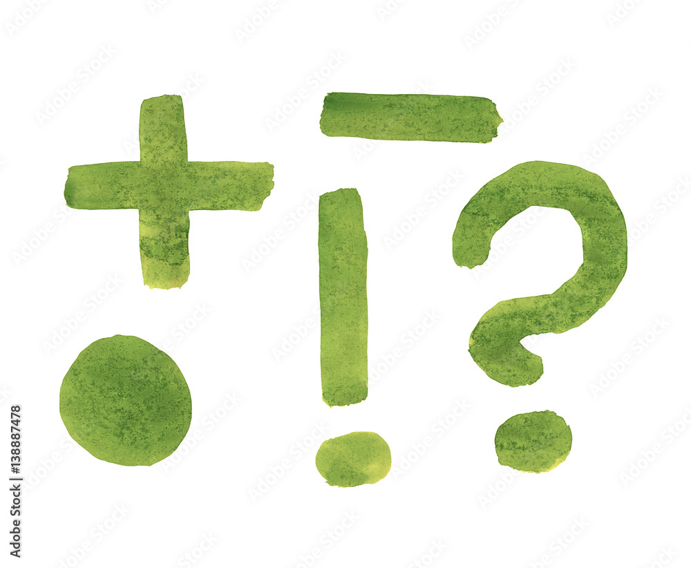 Question and exclamation marks, dot, minus, plus painted with a brush ...