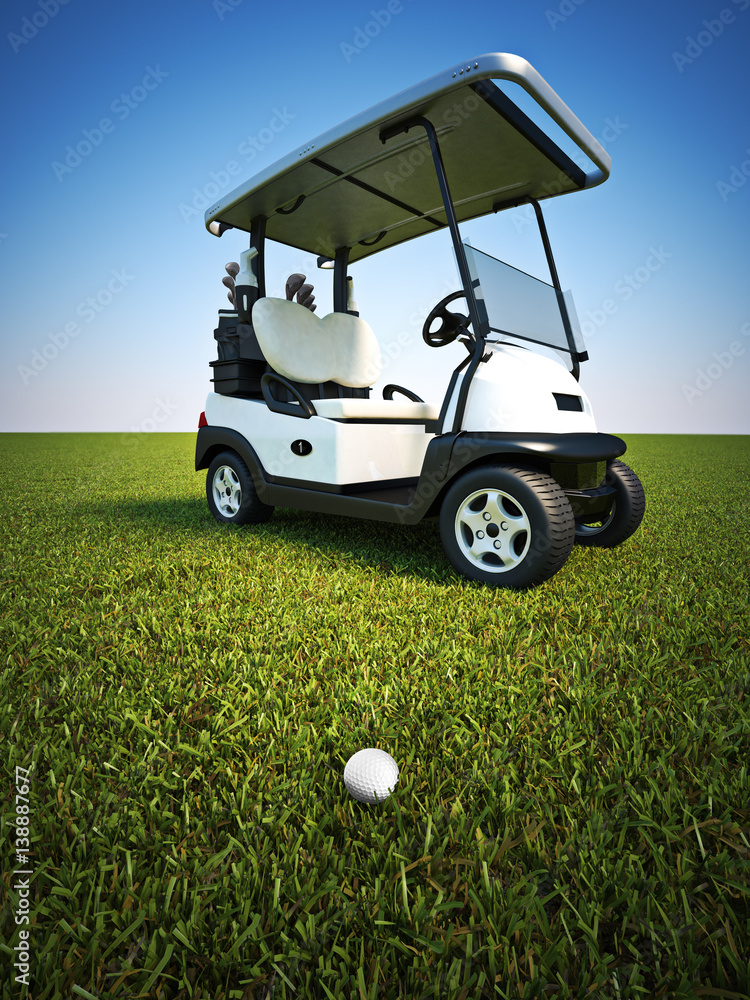 Golf scene with gold ball on the fairway and cart in the background. 3d  rendering illustration Stock Illustration | Adobe Stock