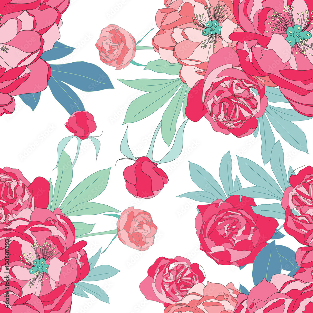 Pink vector peony flower seamless pattern Pink vector peony flower seamless pattern