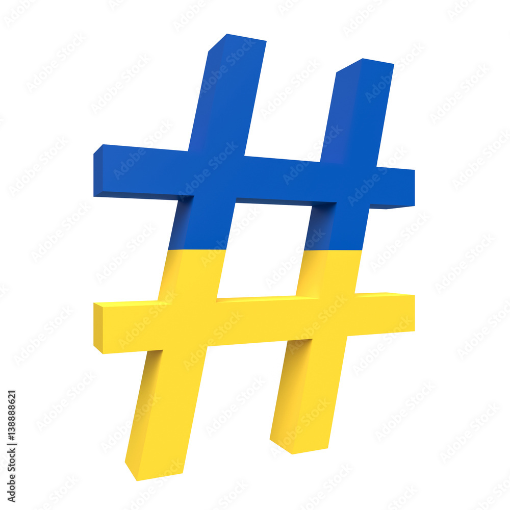 Obraz premium 3d Ukraine Flag Hashtag Sign Isolated On White Background, 3d illustration