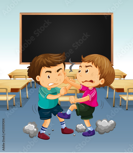 Classroom scene with boys fighting