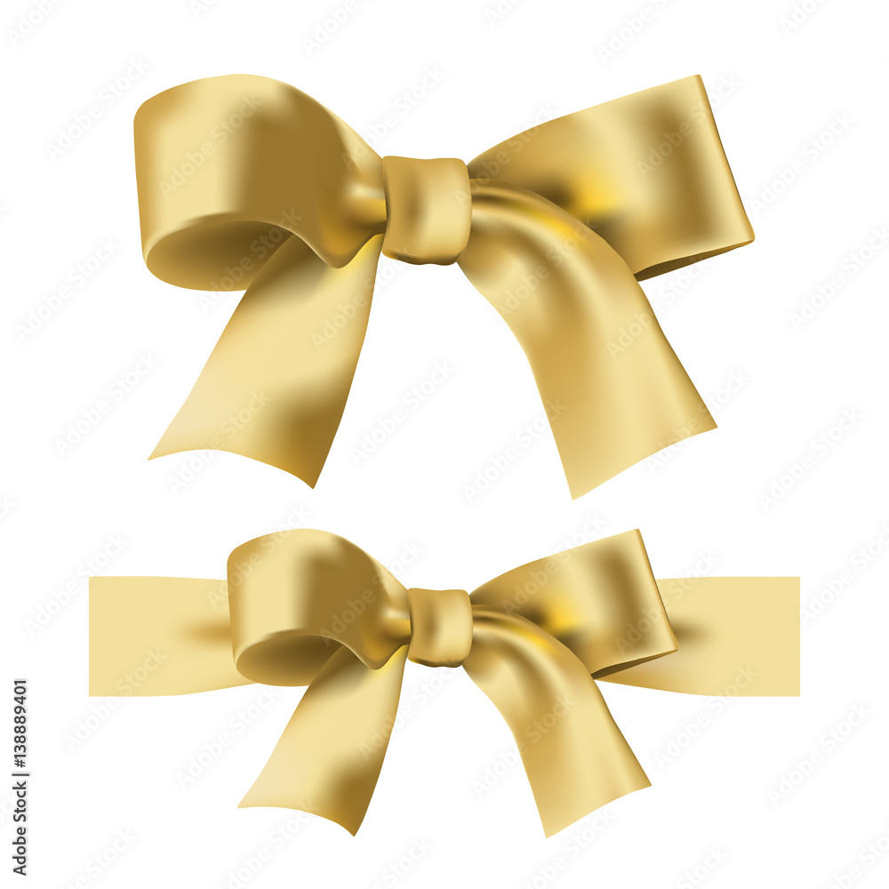 gold beige ribbon bow isolated on white background, diagonally border of  simple double tied bow for