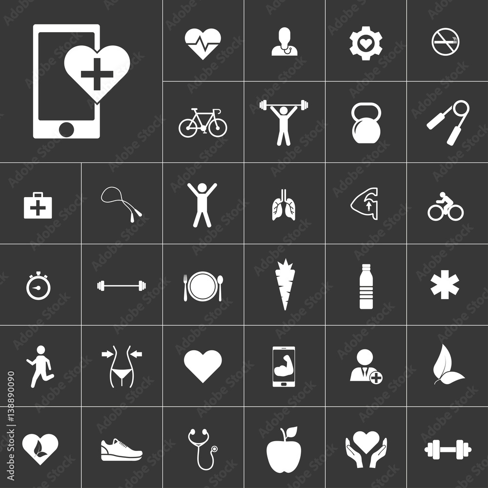 health icon set on gray background to use in web and mobile UI