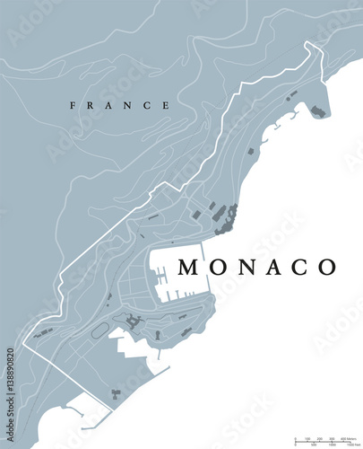 Monaco political map. Principality, sovereign city- and microstate on French Riviera in Western Europe bordering on France. Gray illustration, English labeling, isolated on white background. Vector.
