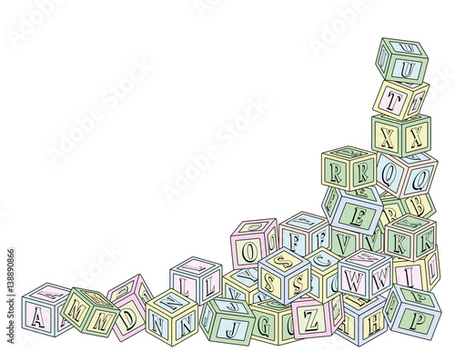 An illustration of wooden toy alphabet building blocks in the lower right corner