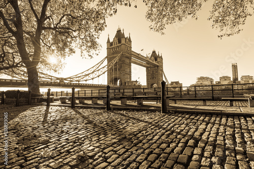 View Of Tower Bridge at sunrise on a cold November morning in London  United Kingdom