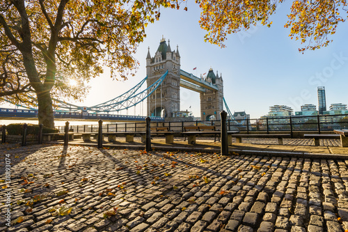 View Of Tower Bridge at sunrise on a cold November morning in London  United Kingdom