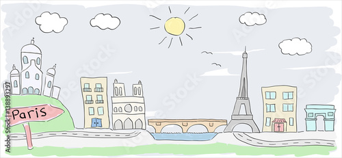 Child style colored sketch drawing of Paris city in France with Eiffel Tower
