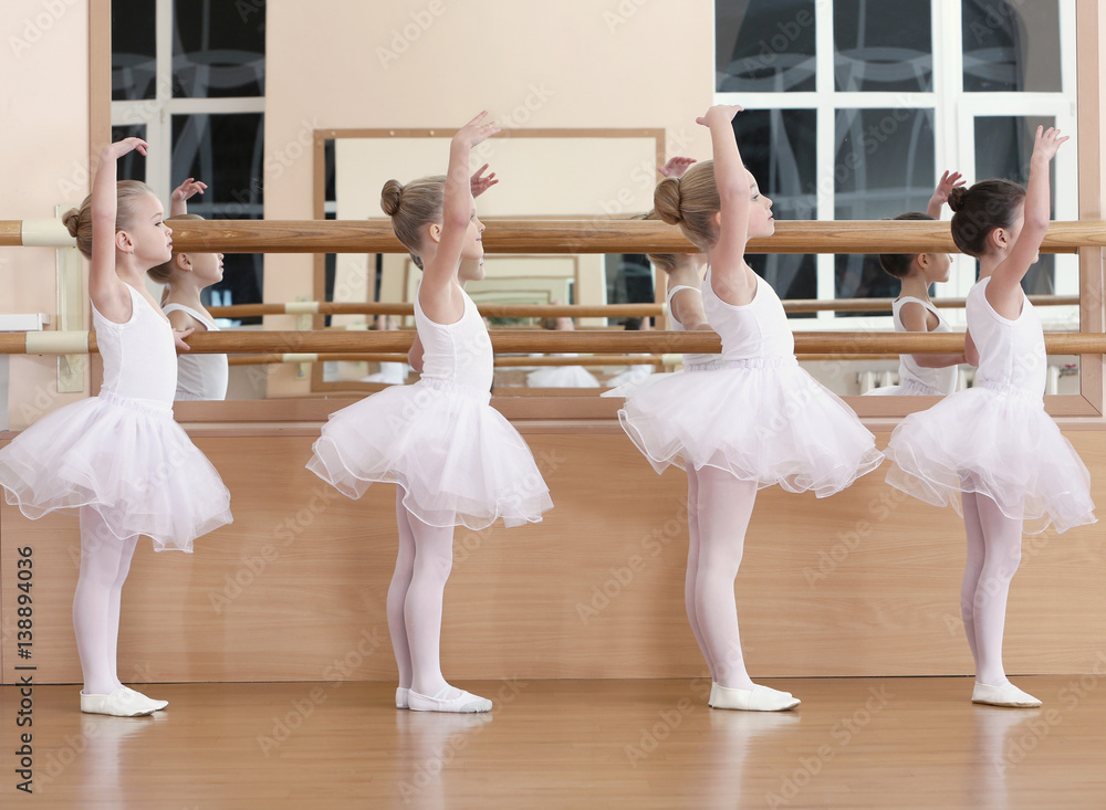 Obraz premium Group of beautiful little girls practicing ballet at class