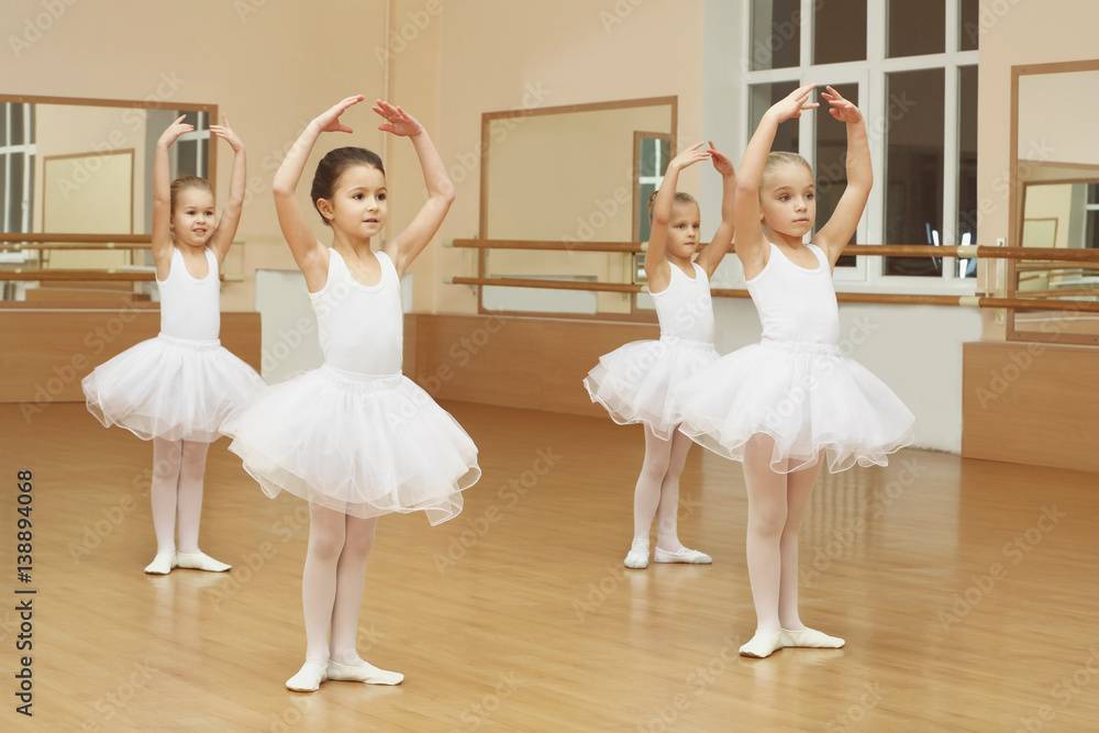 Obraz premium Group of beautiful little girls practicing ballet at class