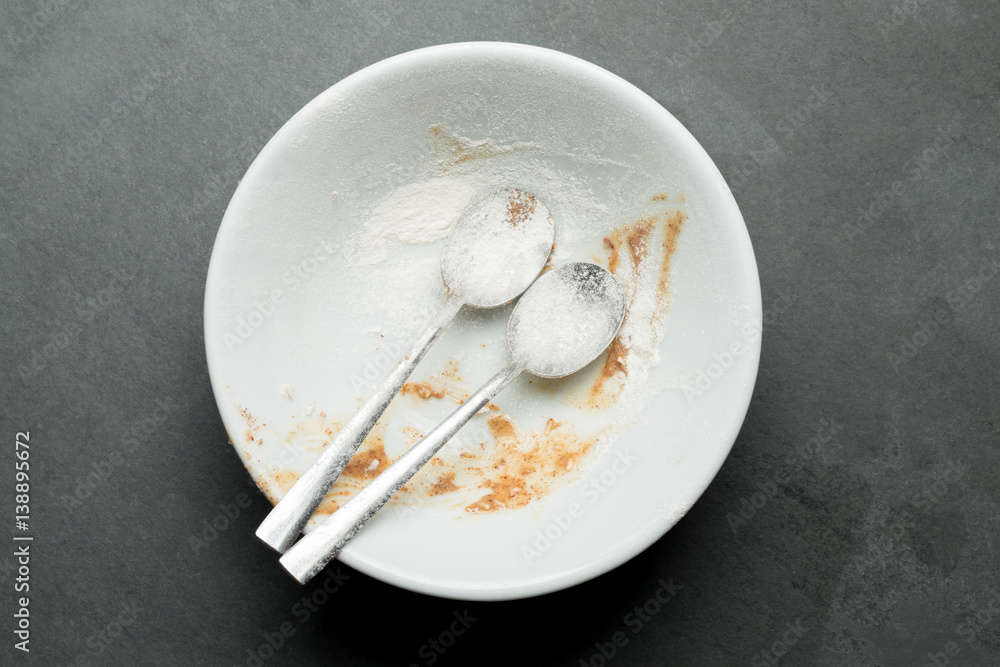 Pair of Flour Covered Spoons in Dirty Bowl Pair of Flour Covered Spoons in Dirty Bowl