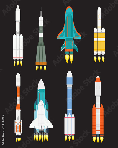 Vector technology ship rocket cartoon design for startup innovation product and cosmos fantasy space launch graphic exploration.