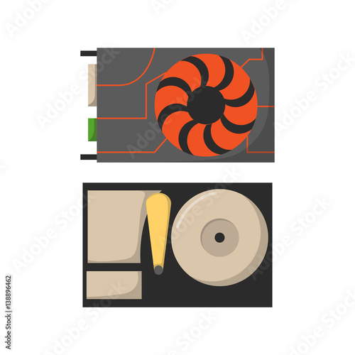 Video card with three outputs computer technology equipment graphics digital tool and semiconductor vga black video card vector illustration.