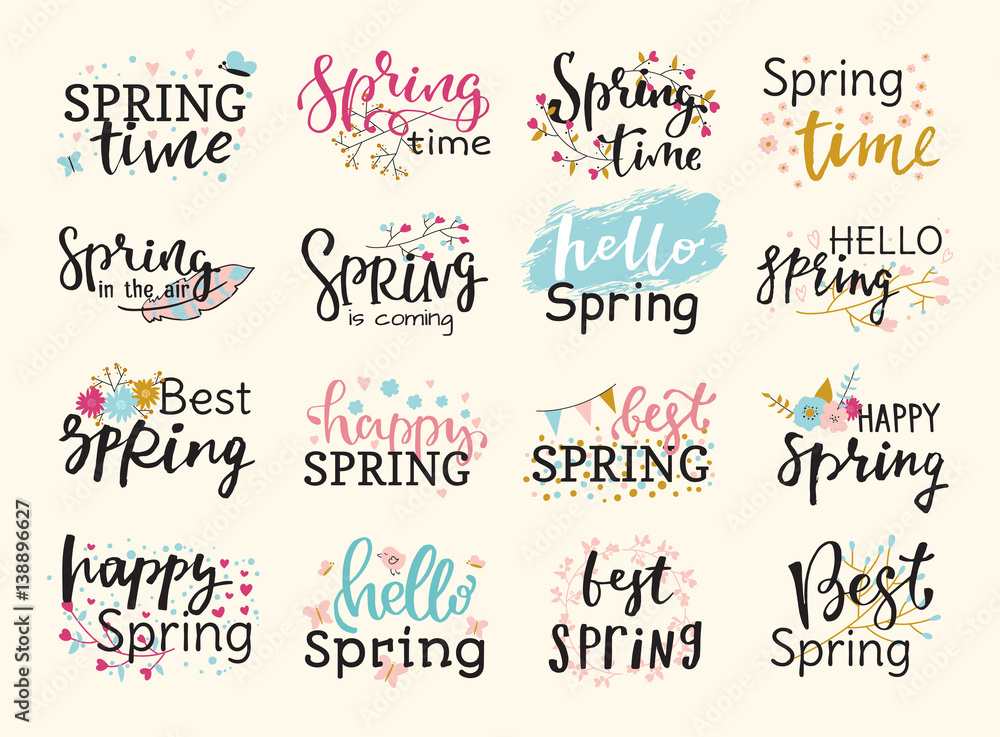 Spring time lettering text greeting card special spring typography hand drawn graphic vector illustration badge