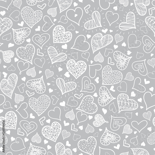 Vector Silver Grey Doodle Hearts Seamless Pattern Design Perfect for Valentin...