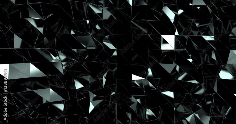 Frontal view of black reflective pattern of moving triangles separated with thin stripes, crystal abstract painting, tessellated waving mirror surface with strong specular and blinking reflections