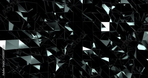 Frontal view of black reflective pattern of moving triangles separated with thin stripes, crystal abstract painting, tessellated waving mirror surface with strong specular and blinking reflections
