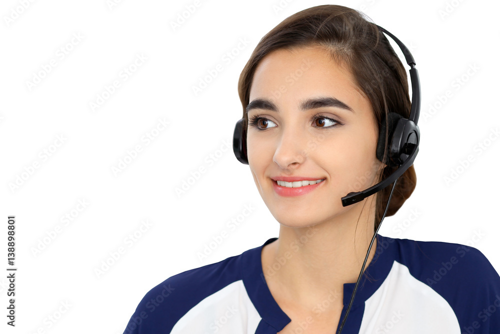 Call center operator isolated over white background. Young Hispanic or latin american women in headset Call center operator isolated over white background. Young Hispanic or latin american women in headset