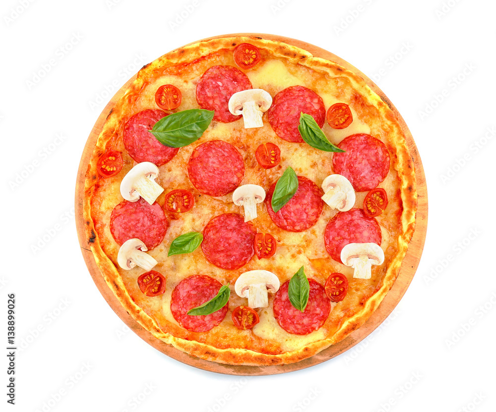 Pizza with salami and mushrooms isolated on white Pizza with salami and mushrooms isolated on white