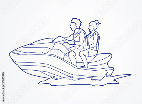 Couple riding jet ski outline graphic vector