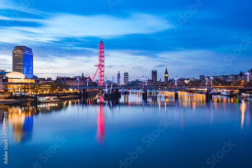 Fototapeta View of London panorama from Waterloo Bridge at sunrise in London , England